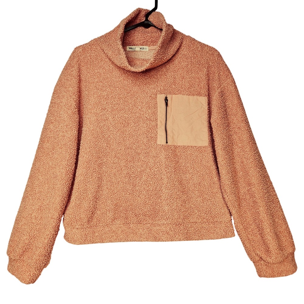 Womens Pink Teddy Sherpa Fleece Cowl Neck‎ Athleisure Top Large